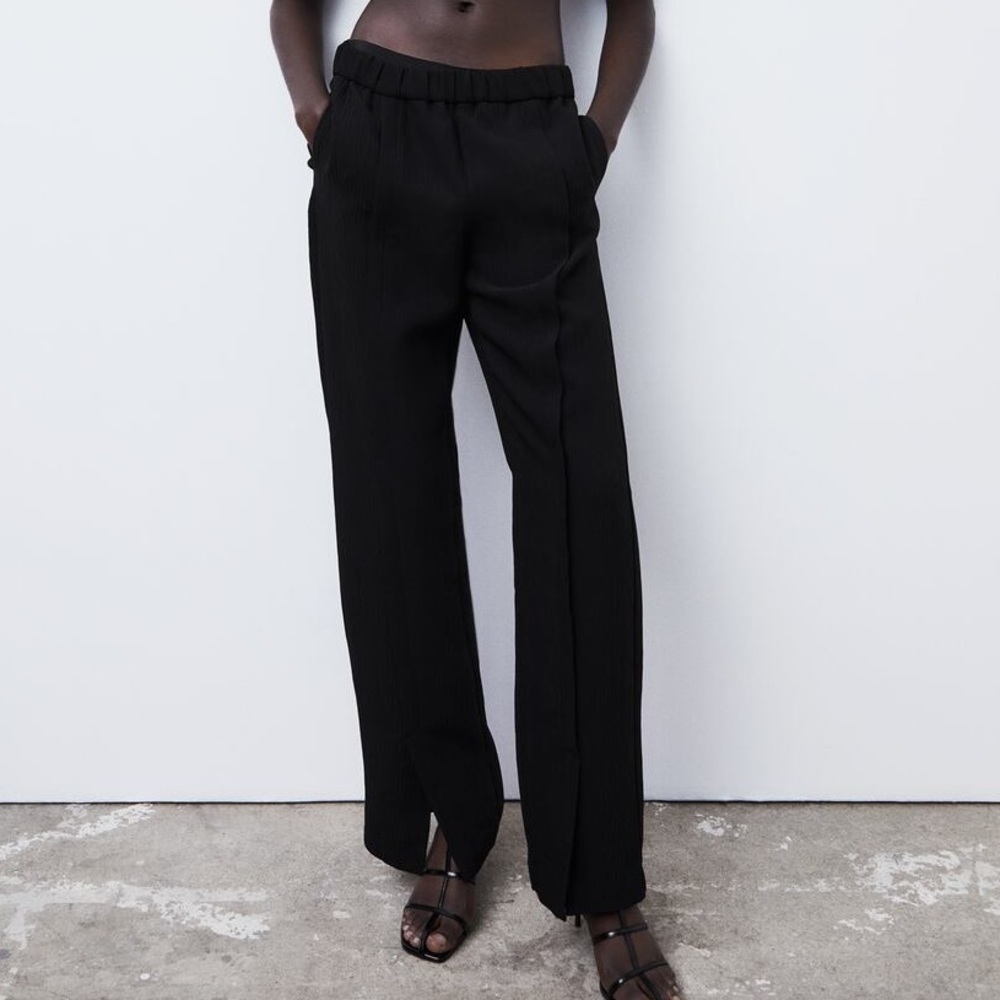 Zara black crinkle texture structured slit pants size XS